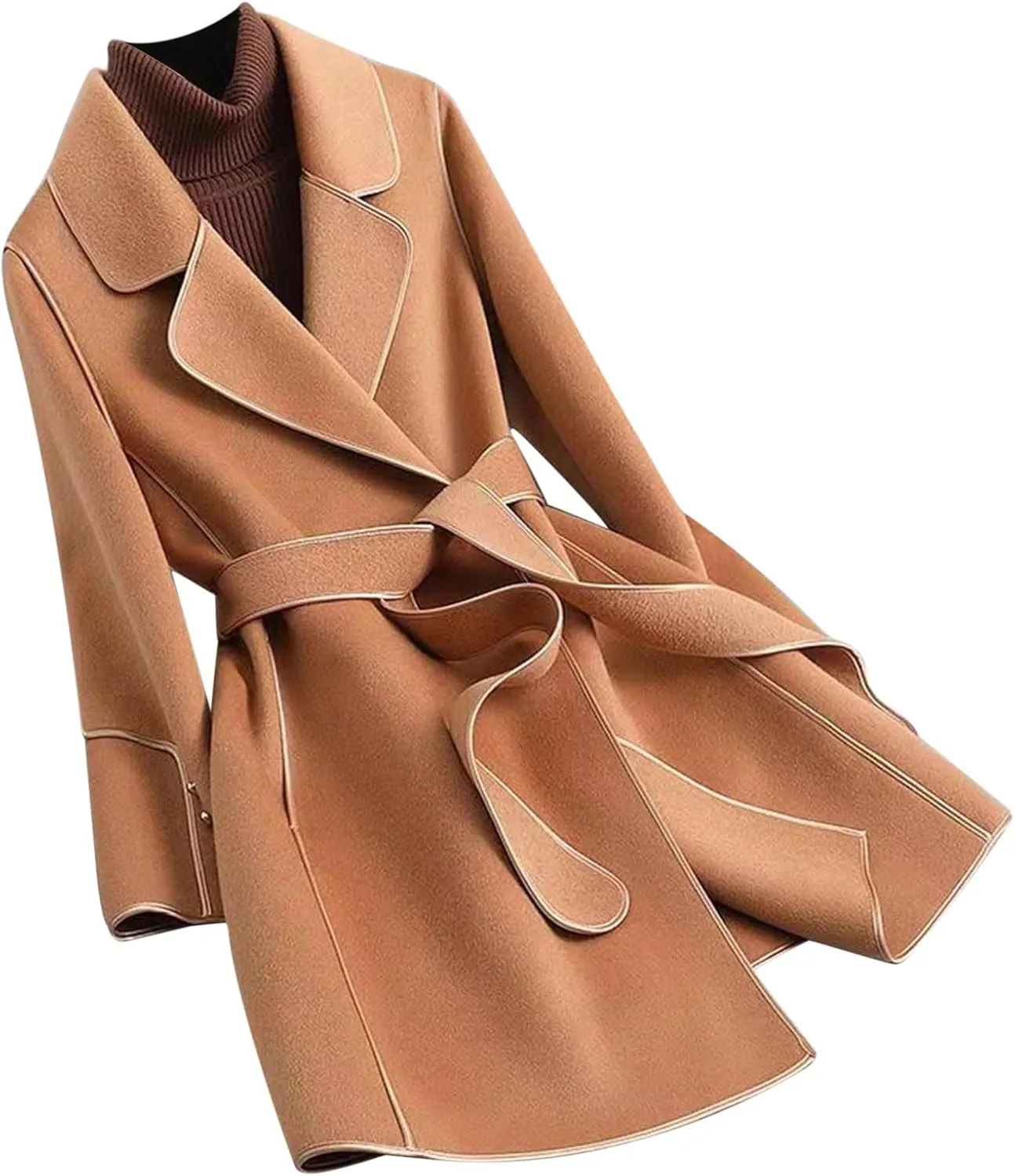 Winter Trench Coat for Women Casual Long Sleeve Notch Lapel Pea Coats Elegant Belted Mid Length Windbreaker