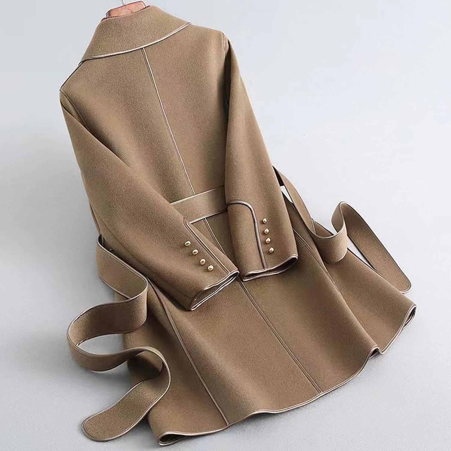 Winter Trench Coat for Women Casual Long Sleeve Notch Lapel Pea Coats Elegant Belted Mid Length Windbreaker