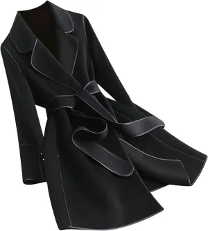 Winter Trench Coat for Women Casual Long Sleeve Notch Lapel Pea Coats Elegant Belted Mid Length Windbreaker