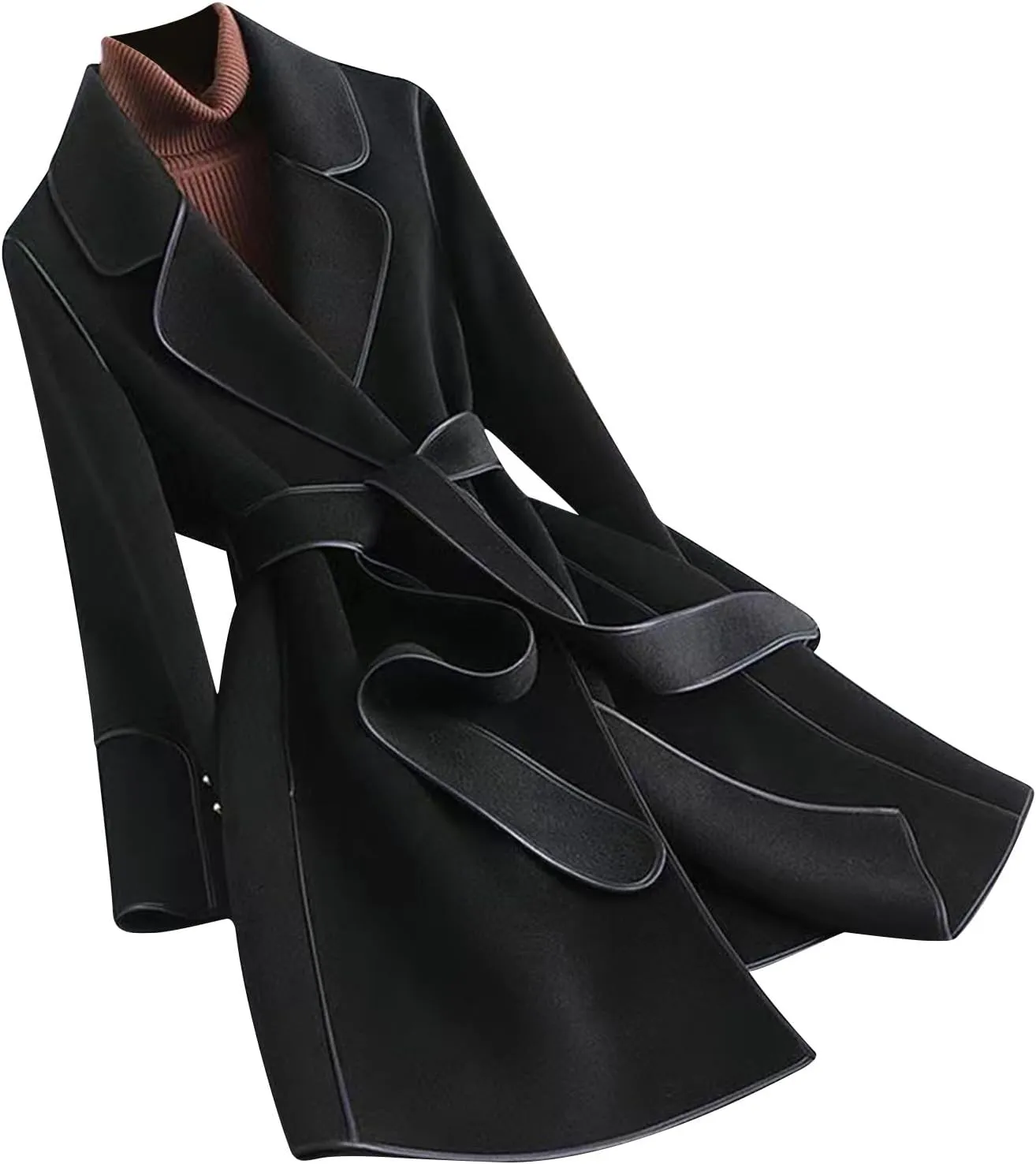 Winter Trench Coat for Women Casual Long Sleeve Notch Lapel Pea Coats Elegant Belted Mid Length Windbreaker