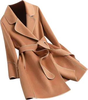 Winter Trench Coat for Women Casual Long Sleeve Notch Lapel Pea Coats Elegant Belted Mid Length Windbreaker