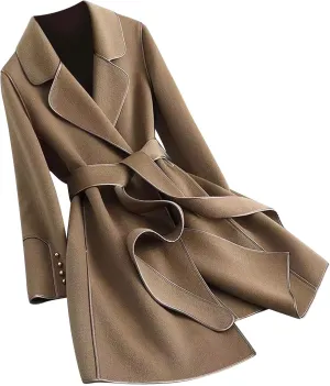 Winter Trench Coat for Women Casual Long Sleeve Notch Lapel Pea Coats Elegant Belted Mid Length Windbreaker