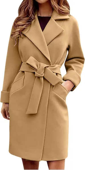Women 2024 Fall Winter Pea Coats Notched Lapel Slim Fit Mid-Long Overcoats Long Sleeve Elegant Belted Trench Coat