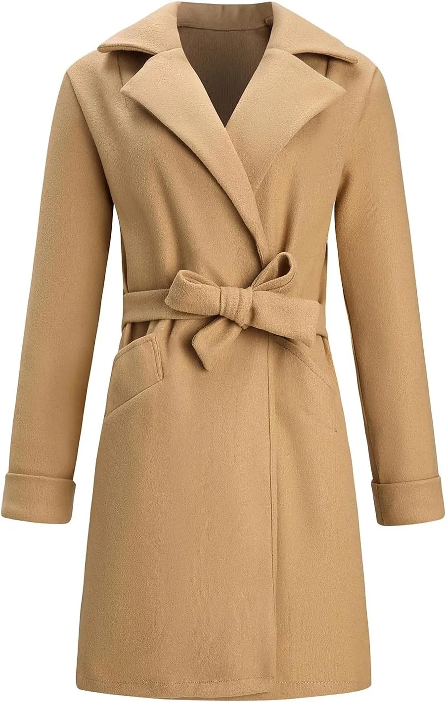Women 2024 Fall Winter Pea Coats Notched Lapel Slim Fit Mid-Long Overcoats Long Sleeve Elegant Belted Trench Coat