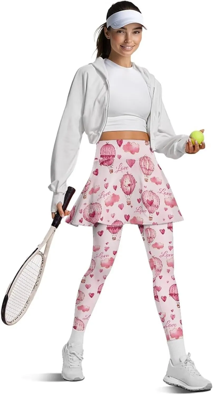 Women Breathable Yoga Skirted Legging with Pockets Elastic High Waist Tennis Leggings with Skirts