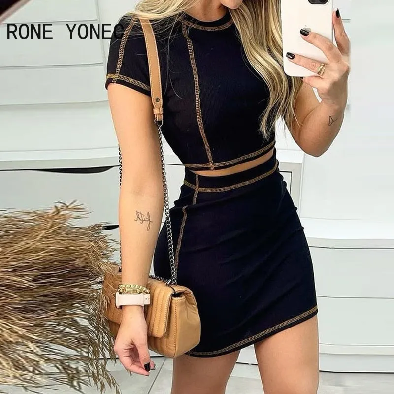 Women Casual Chic Round Neckshort SleevesBright Line Decoration Bodycon Skirt Sets
