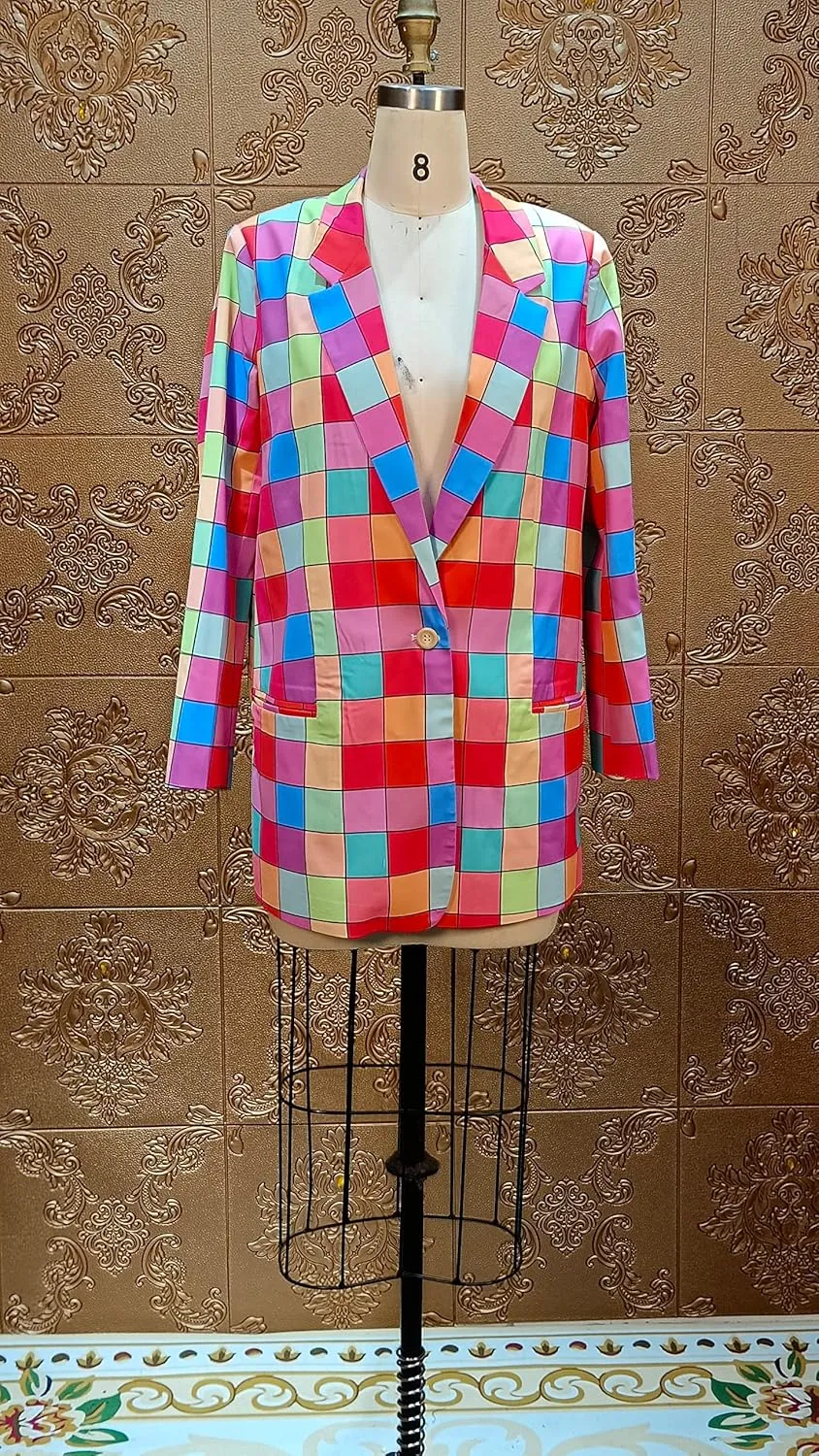 Women Casual Open Front Print Blazer Fashion Lapel Plaid Jackets Cardigan Long Sleeve Coats Crop Blazer