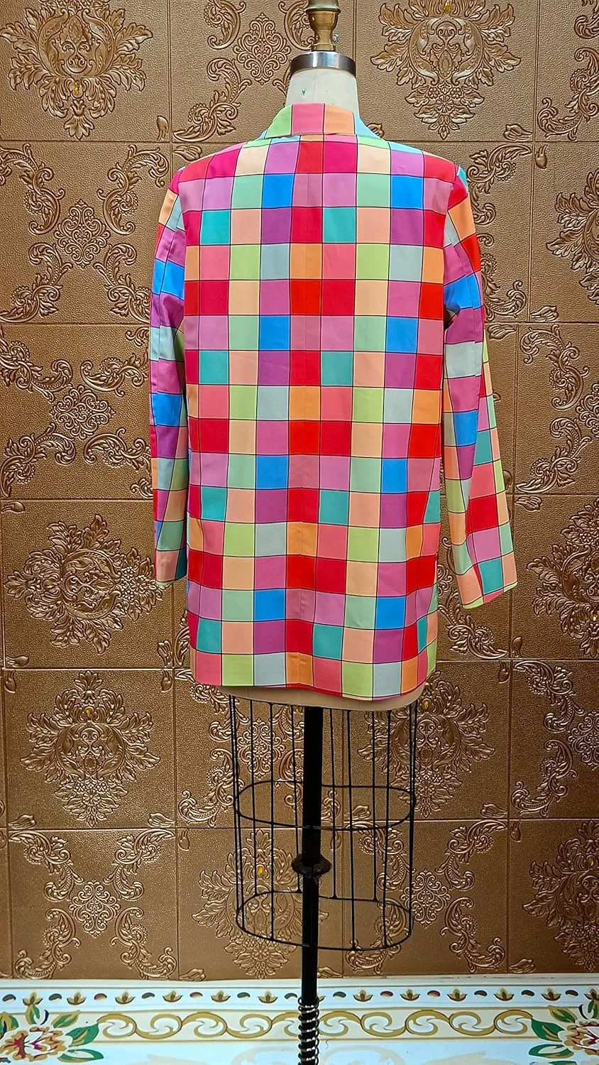 Women Casual Open Front Print Blazer Fashion Lapel Plaid Jackets Cardigan Long Sleeve Coats Crop Blazer