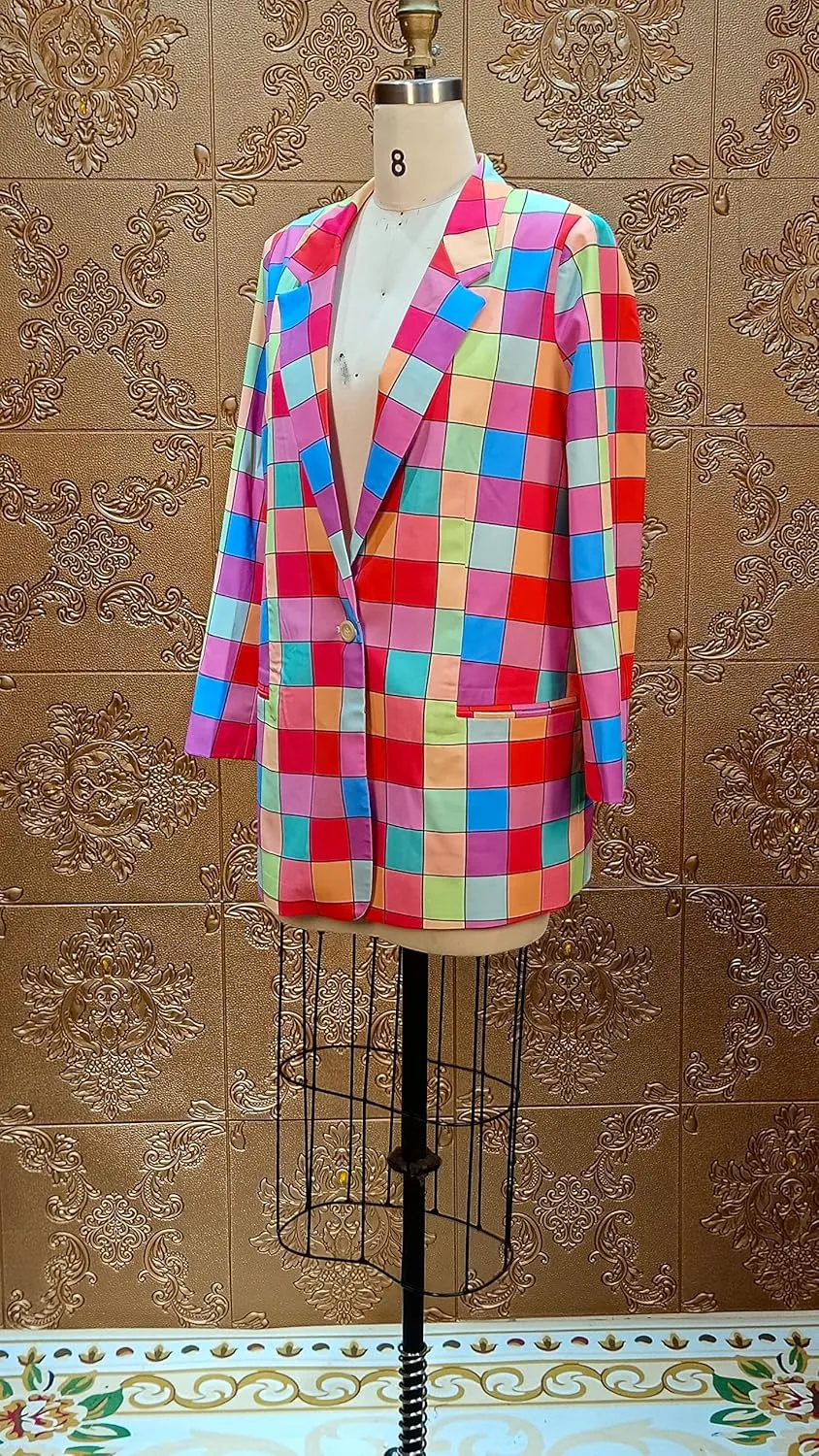 Women Casual Open Front Print Blazer Fashion Lapel Plaid Jackets Cardigan Long Sleeve Coats Crop Blazer
