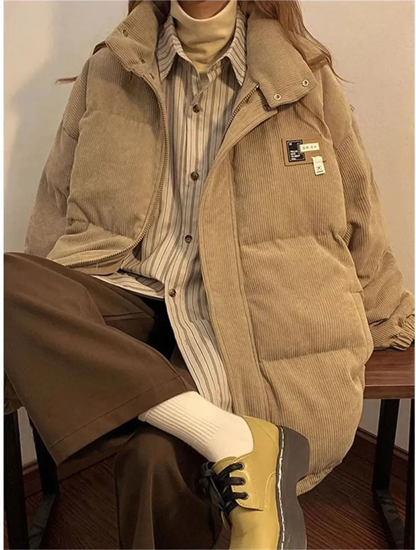 Women Corduroy Parkas Oversized Down Coats Streetwear Thick Warm Puffer Jacket Korean Pockets Cotton Padded Outerwear