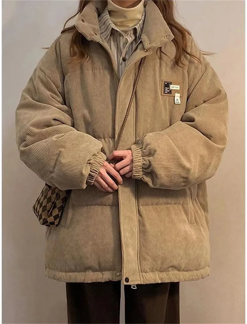 Women Corduroy Parkas Oversized Down Coats Streetwear Thick Warm Puffer Jacket Korean Pockets Cotton Padded Outerwear