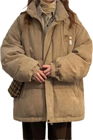 Women Corduroy Parkas Oversized Down Coats Streetwear Thick Warm Puffer Jacket Korean Pockets Cotton Padded Outerwear