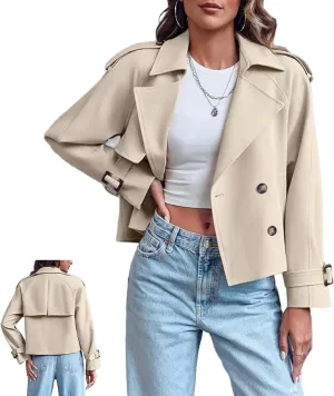 Women Crop Double Breasted Trench Coat Raglan Sleeve Work Office Cropped Jacket With Pockets Fashion Outerwear