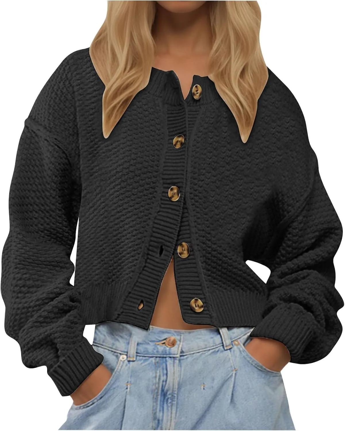 Women Cropped Cardigan Crewneck Button Front Drop Shoulder Baggy Solid Knit Cardigan Sweaters Soft Fall Sweaters