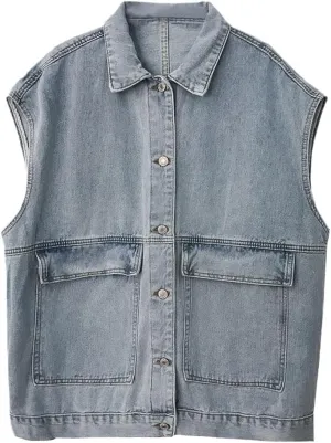 Women Denim Vests Cargo Leisure Femme Sleeveless Jacket Autumn Loose Preppy Stylish Daily Outerwear
