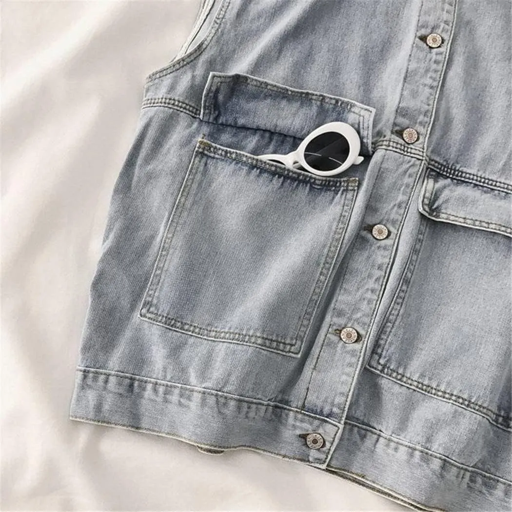 Women Denim Vests Cargo Leisure Femme Sleeveless Jacket Autumn Loose Preppy Stylish Daily Outerwear