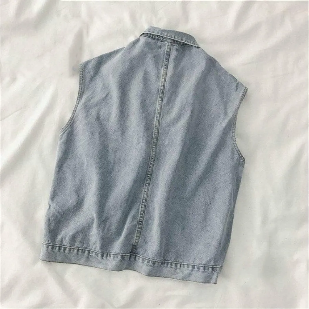 Women Denim Vests Cargo Leisure Femme Sleeveless Jacket Autumn Loose Preppy Stylish Daily Outerwear