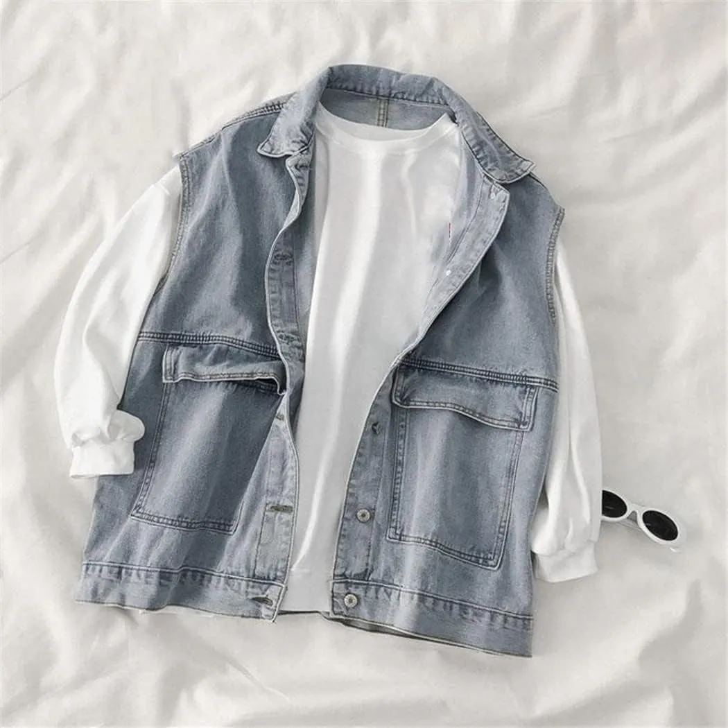 Women Denim Vests Cargo Leisure Femme Sleeveless Jacket Autumn Loose Preppy Stylish Daily Outerwear