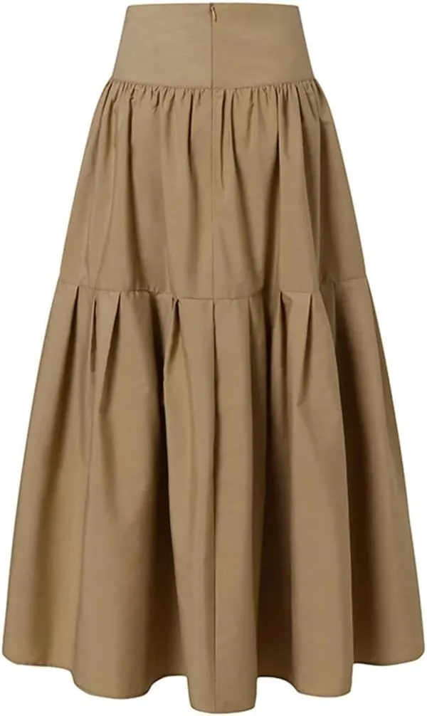 Women Flowy Pleated Maxi Skirt High Waist Swing Long Skirt Pleated Zipper Party Jupe Casual Loose A-Line Skirt