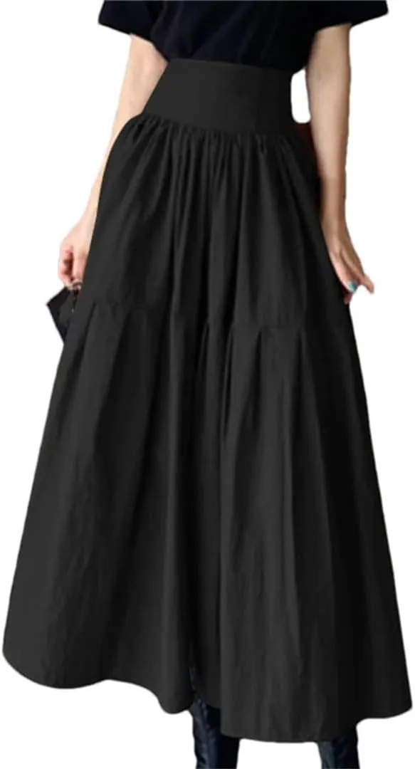 Women Flowy Pleated Maxi Skirt High Waist Swing Long Skirt Pleated Zipper Party Jupe Casual Loose A-Line Skirt