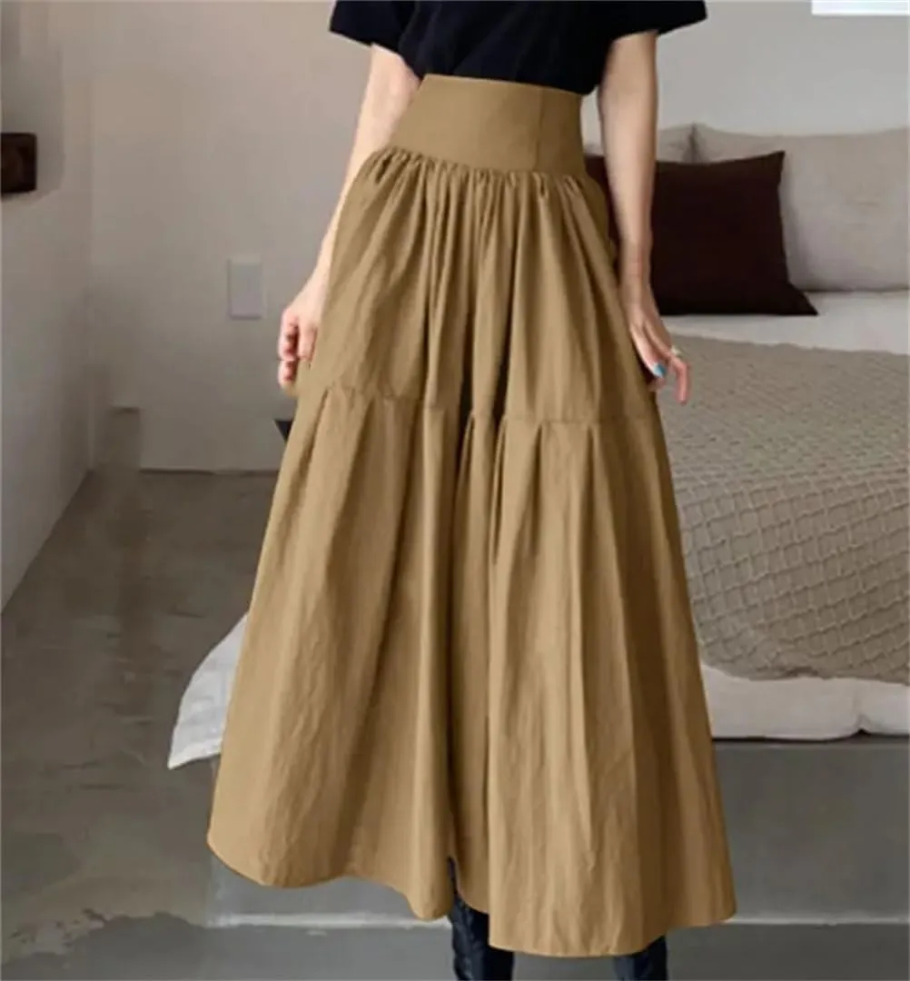 Women Flowy Pleated Maxi Skirt High Waist Swing Long Skirt Pleated Zipper Party Jupe Casual Loose A-Line Skirt