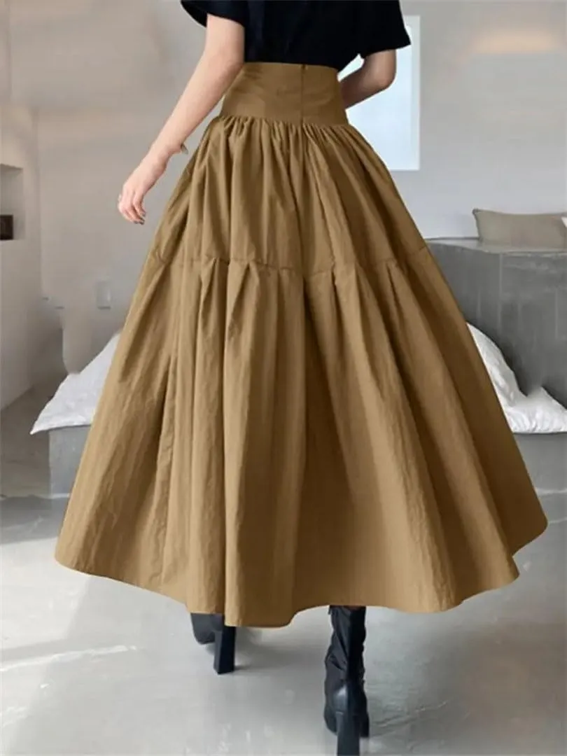 Women Flowy Pleated Maxi Skirt High Waist Swing Long Skirt Pleated Zipper Party Jupe Casual Loose A-Line Skirt