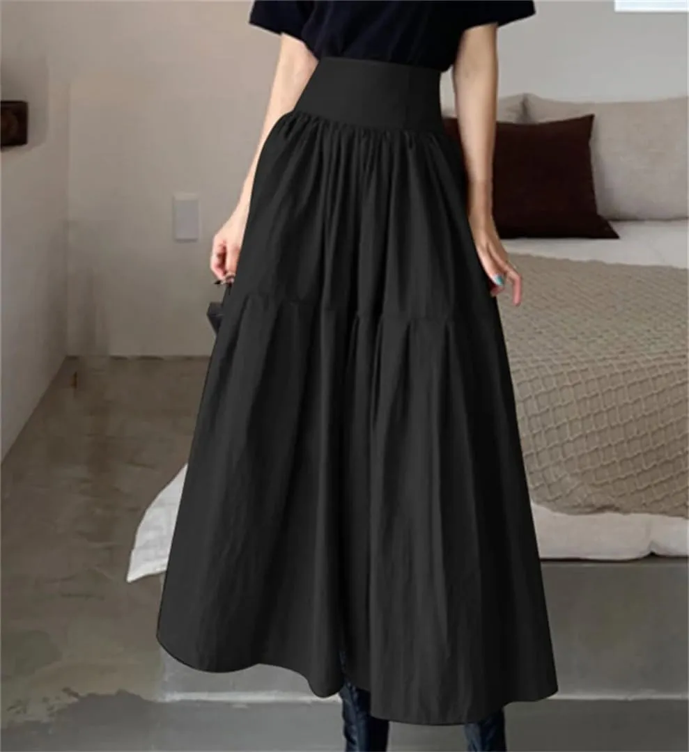 Women Flowy Pleated Maxi Skirt High Waist Swing Long Skirt Pleated Zipper Party Jupe Casual Loose A-Line Skirt