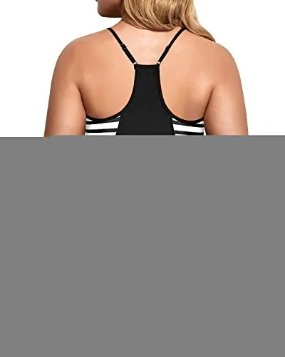 Women Plus Size Two Piece Tankini Set Swimsuits Tummy Control Bathing Suits-Black Stripe