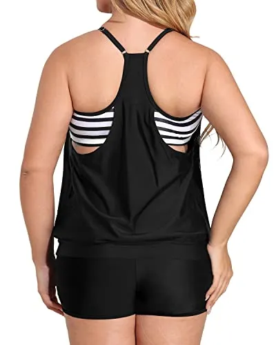 Women Plus Size Two Piece Tankini Set Swimsuits Tummy Control Bathing Suits-Black Stripe