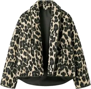 Women Print Parkas Shawl Collar Open Front Oversize Quilted Cotton Padded Jacket Loose Coat