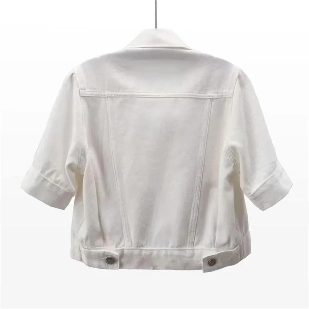 Women Short Sleeve Denim Jacket Summer Thin Slim Short Outwear White Jeans Jacket