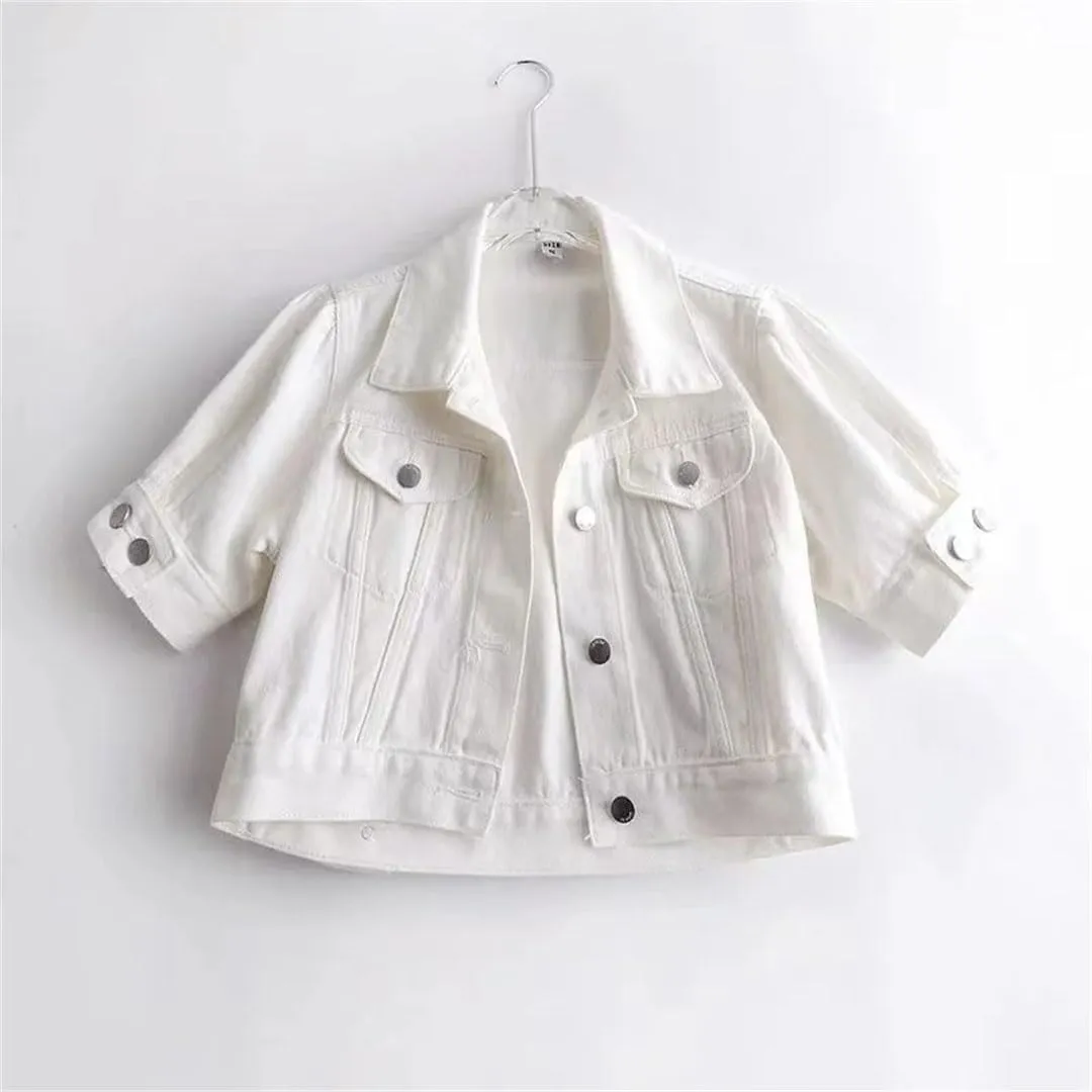 Women Short Sleeve Denim Jacket Summer Thin Slim Short Outwear White Jeans Jacket