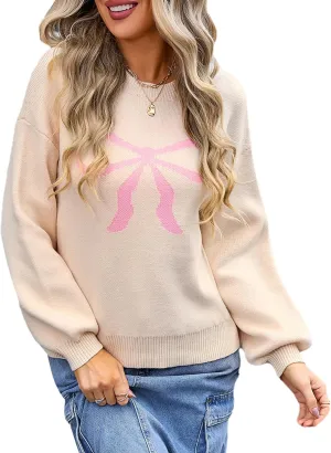 Women Y2K Fall Sweater Cute Bow Print Long Sleeve Cable Knit Pullover Casual Oversized Jumpers for Women