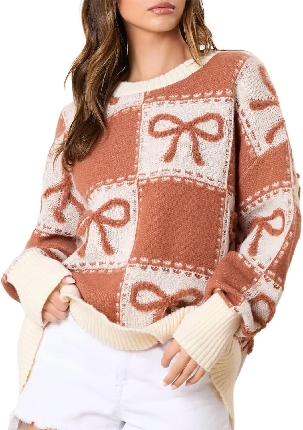 Women Y2K Fall Sweater Cute Bow Print Long Sleeve Cable Knit Pullover Casual Oversized Jumpers for Women