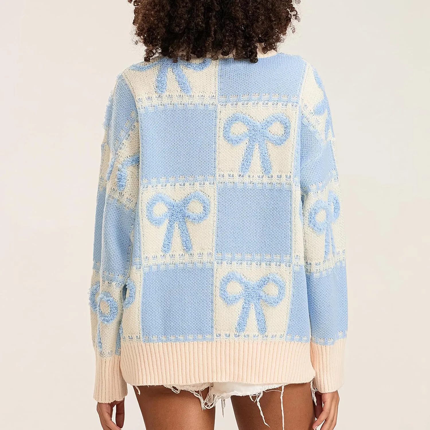 Women Y2K Fall Sweater Cute Bow Print Long Sleeve Cable Knit Pullover Casual Oversized Jumpers for Women