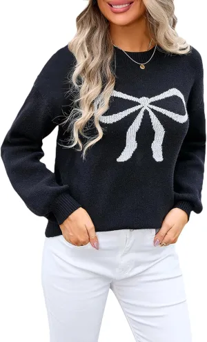 Women Y2K Fall Sweater Cute Bow Print Long Sleeve Cable Knit Pullover Casual Oversized Jumpers for Women