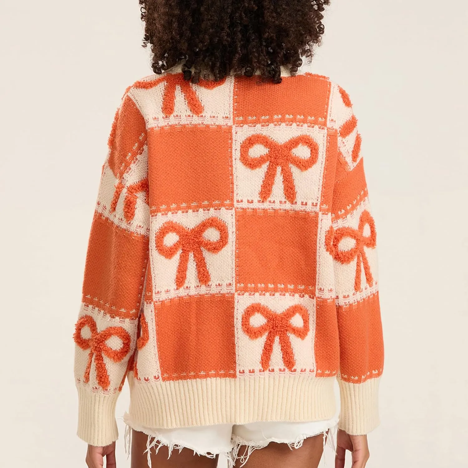 Women Y2K Fall Sweater Cute Bow Print Long Sleeve Cable Knit Pullover Casual Oversized Jumpers for Women