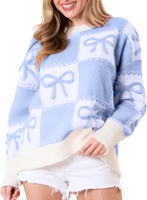 Women Y2K Fall Sweater Cute Bow Print Long Sleeve Cable Knit Pullover Casual Oversized Jumpers for Women