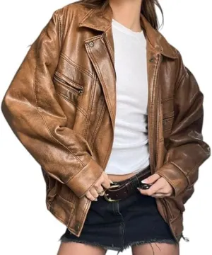 Womens 90'S Vintage Oversized Bomber Classic Style Casual Distressed Brown Genuine Leather Jacket