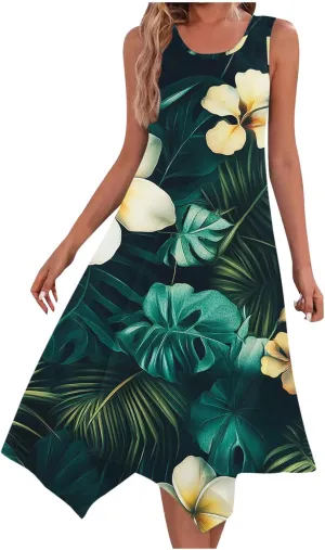 Womens A-Line Casual Dress for Summer Tank Dress Flowy Beach Dress with Pockets Handkerchief Flare Midi Sundress