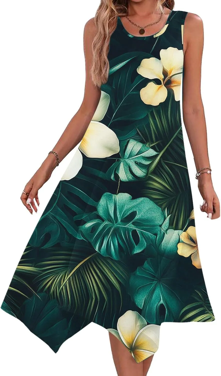 Womens A-Line Casual Dress for Summer Tank Dress Flowy Beach Dress with Pockets Handkerchief Flare Midi Sundress