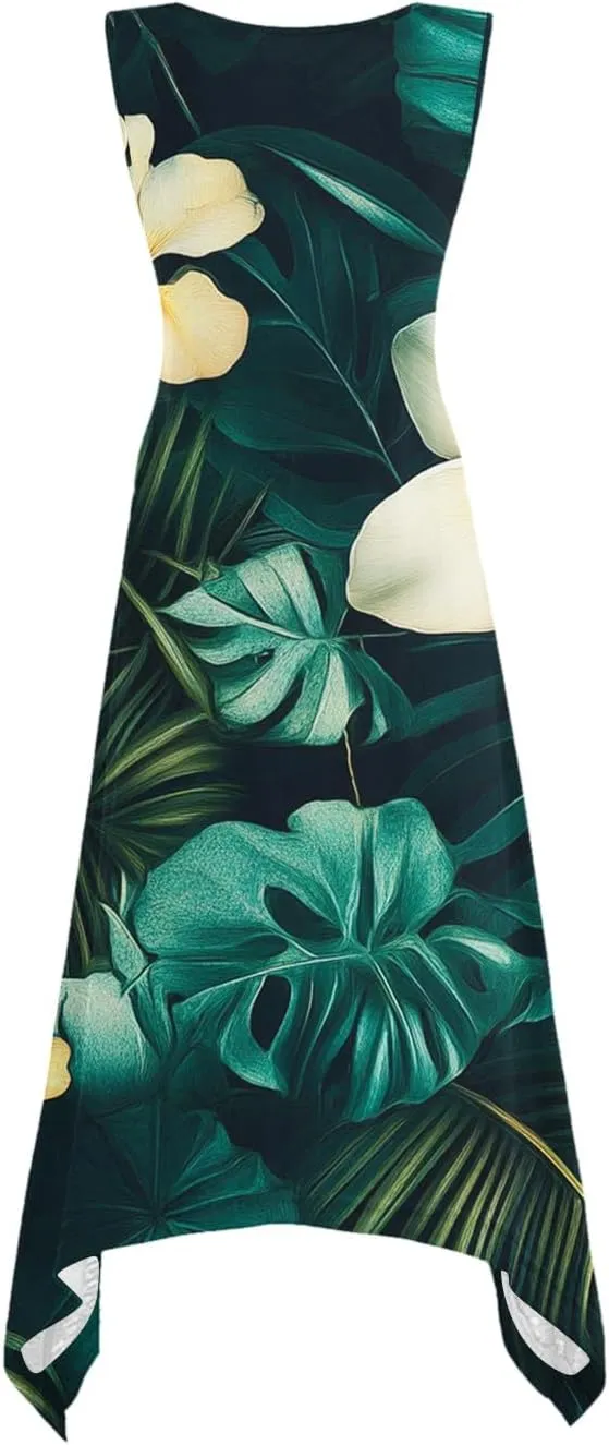 Womens A-Line Casual Dress for Summer Tank Dress Flowy Beach Dress with Pockets Handkerchief Flare Midi Sundress
