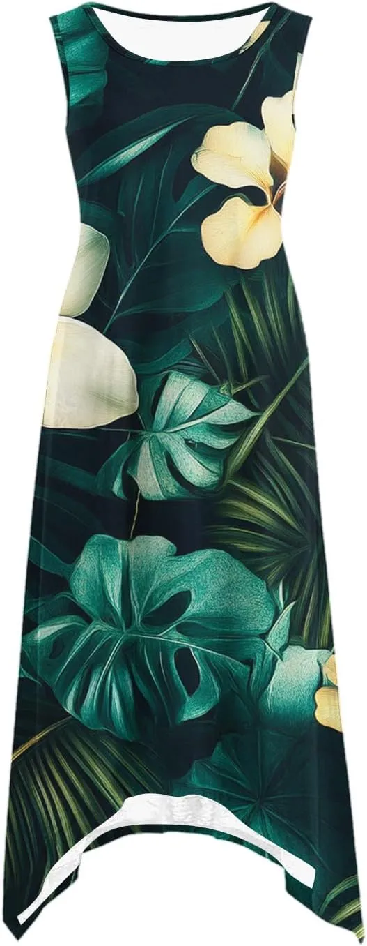 Womens A-Line Casual Dress for Summer Tank Dress Flowy Beach Dress with Pockets Handkerchief Flare Midi Sundress