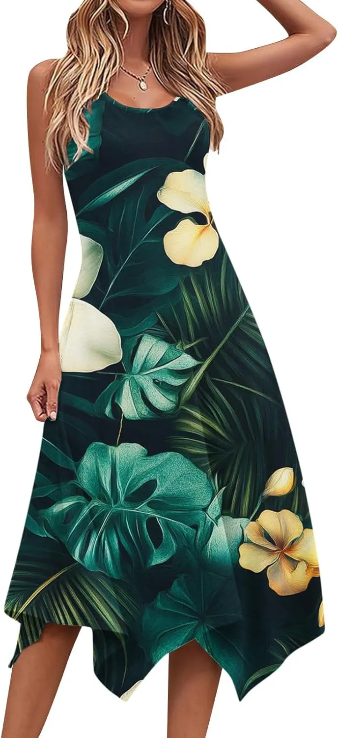 Womens A-Line Casual Dress for Summer Tank Dress Flowy Beach Dress with Pockets Handkerchief Flare Midi Sundress