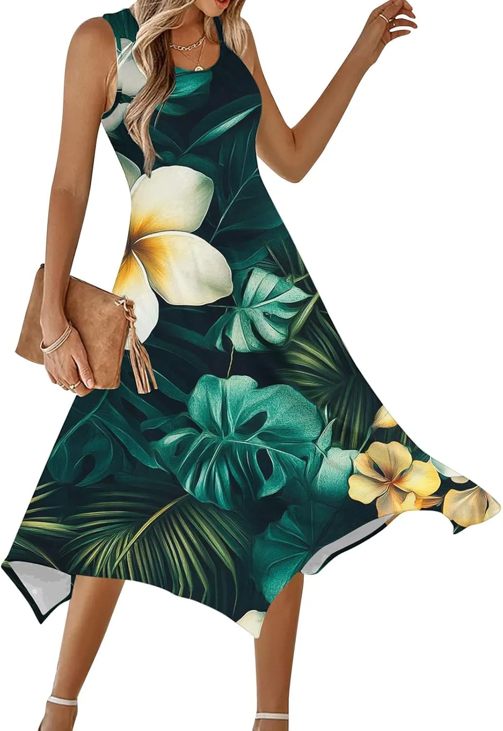 Womens A-Line Casual Dress for Summer Tank Dress Flowy Beach Dress with Pockets Handkerchief Flare Midi Sundress