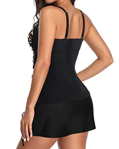 Women's Adjustable Shoulder Tankini Swimsuit Push Up Padded Bra-Black And Leopard