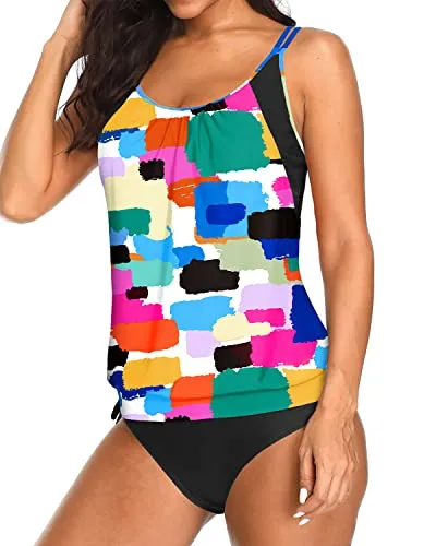 Women's Adjustable Tie Side Shorts 2 Piece Blouson Tankini-Color Tie Dye