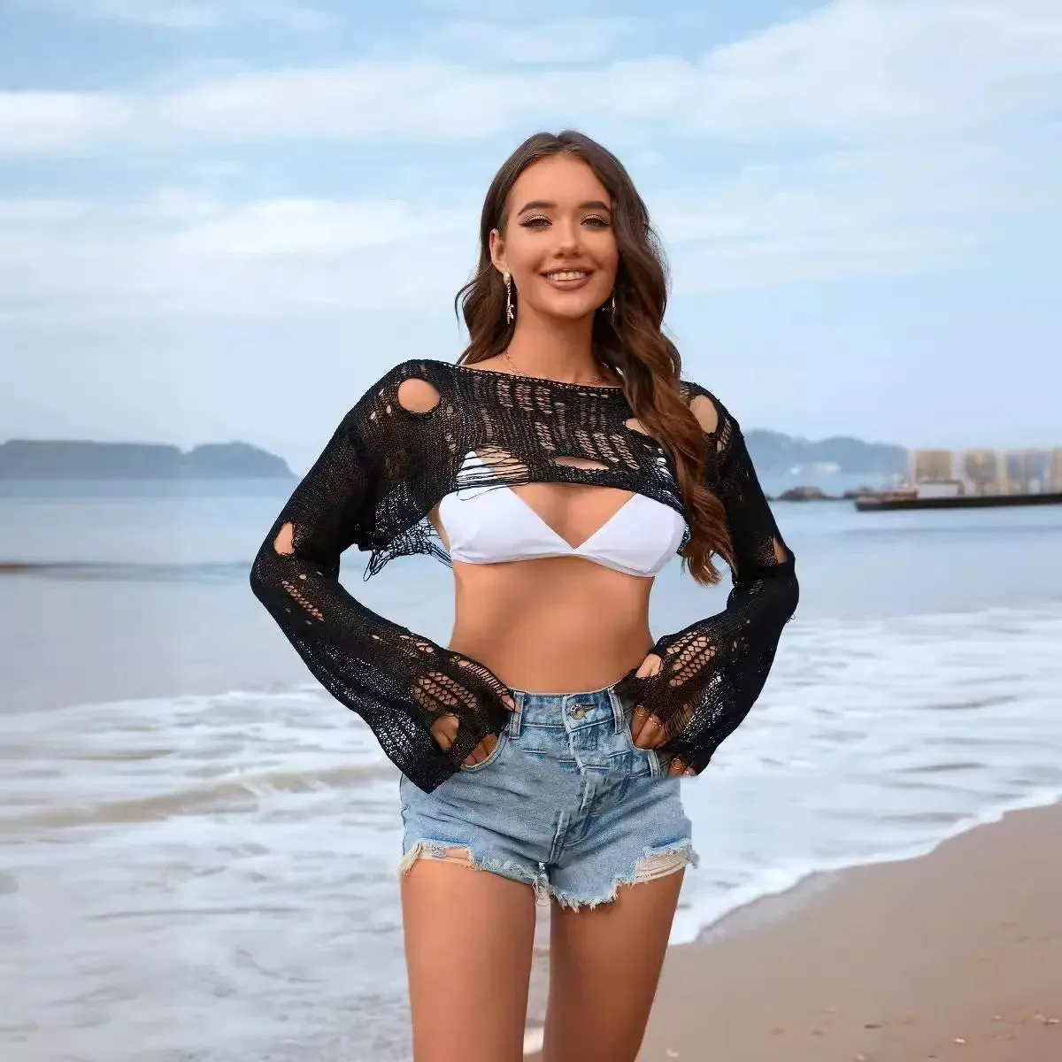 Women's Beach Cover-Up: Solid Color Knitted Ultra-Short Bell Sleeve | Trendy & Lightweight Summer Coverups