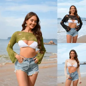 Women's Beach Cover-Up: Solid Color Knitted Ultra-Short Bell Sleeve | Trendy & Lightweight Summer Coverups