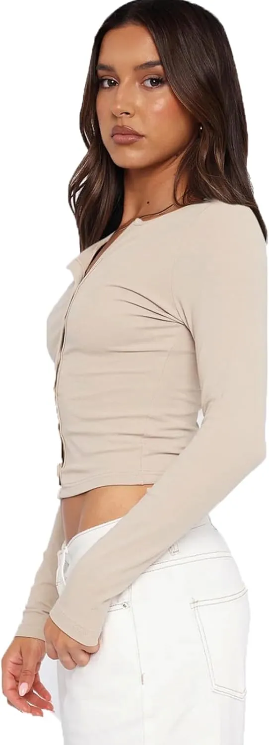 Womens Breathable Slim Fit Cropped Cardigan Button Up Long Sleeve Casual Sexy Basic Shirt Tops Summer